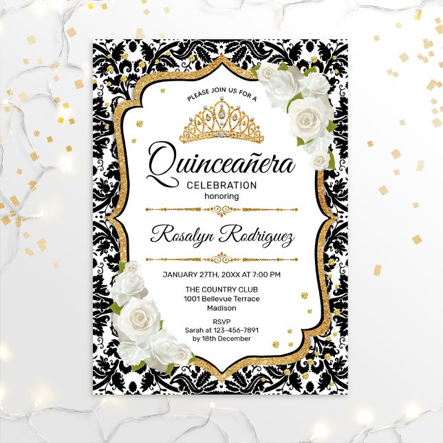 Quinceanera - Weißer schwarzer Damast Gold Einladung (Von Creator hochgeladen)