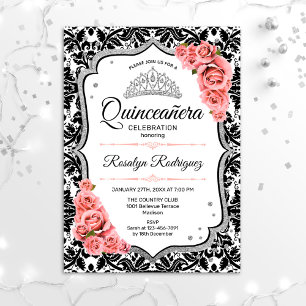 Quinceanera - Weißer schwarzer Damast - Rosa Einladung