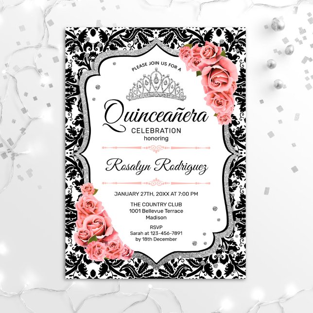 Quinceanera - Weißer schwarzer Damast - Rosa Einladung (Von Creator hochgeladen)