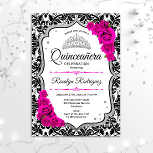 Quinceanera - Weißer schwarzer Damast Rosa Silber Einladung