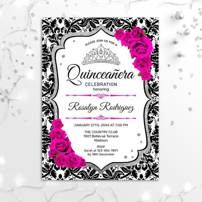 Quinceanera - Weißer schwarzer Damast Rosa Silber Einladung (Von Creator hochgeladen)