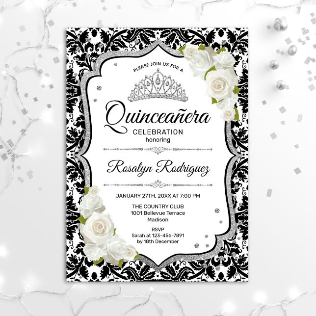 Quinceanera - Weißer schwarzer Damast Silber Einladung (Von Creator hochgeladen)