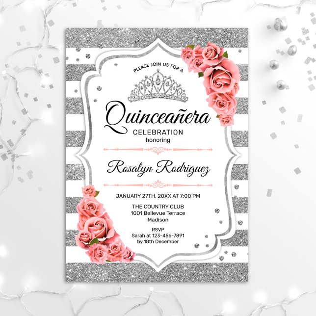 Quinceanera - Weißer Silberrosa Einladung (Von Creator hochgeladen)