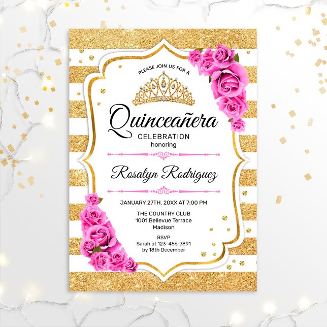 Quinceanera - Weißes goldenes Pastell Rosa Einladung (Von Creator hochgeladen)