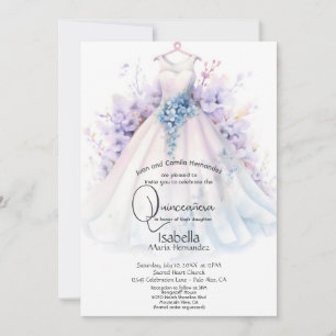 Quinceañera Weißes Kleid mit lila und blauen Blu Einladung