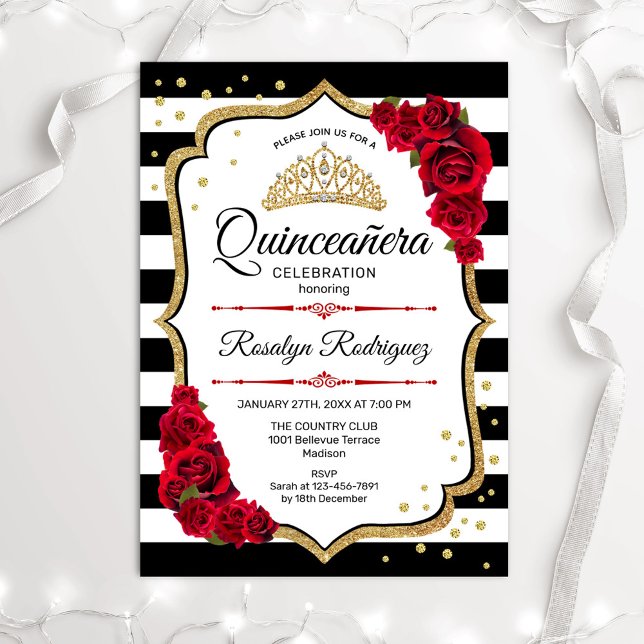Quinceanera - Weißes Schwarzes Gold Einladung (Von Creator hochgeladen)