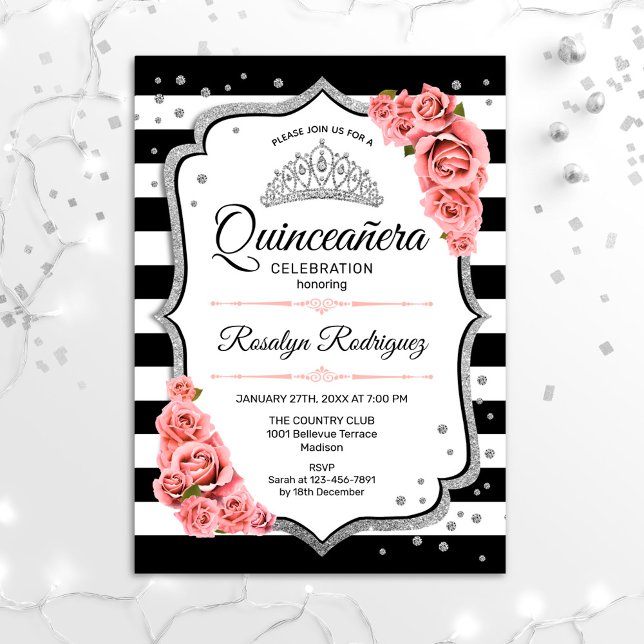 Quinceanera - Weißes Schwarzes Rosa Einladung (Von Creator hochgeladen)