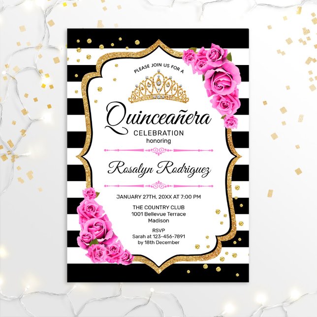 Quinceanera - Weißes Schwarzes Rosa Einladung (Von Creator hochgeladen)