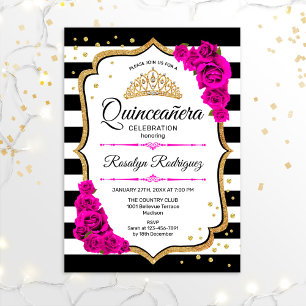 Quinceanera - Weißes Schwarzes Rosa Gold Einladung