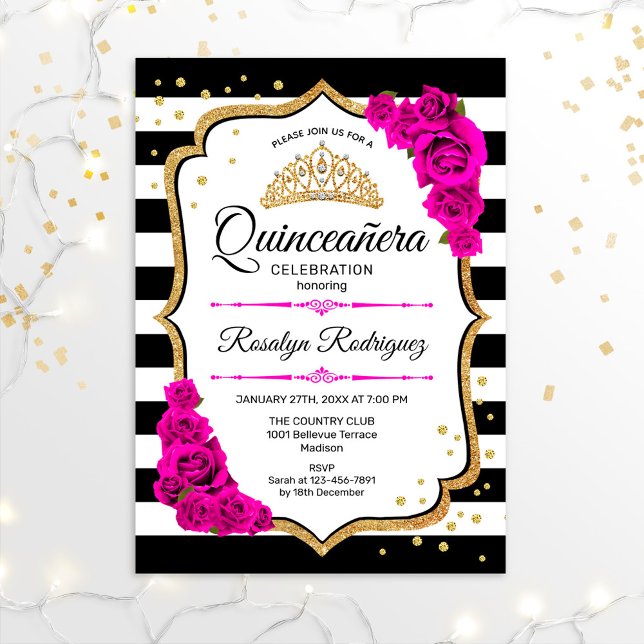 Quinceanera - Weißes Schwarzes Rosa Gold Einladung (Von Creator hochgeladen)