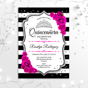 Quinceanera - Weißes Schwarzes Rosa Silber Einladung