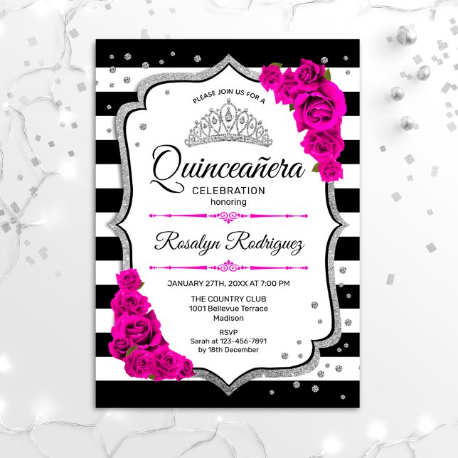 Quinceanera - Weißes Schwarzes Rosa Silber Einladung (Von Creator hochgeladen)