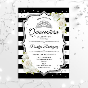 Quinceanera - Weißes Schwarzes Silber Einladung