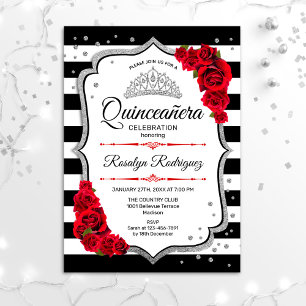 Quinceanera - Weißes Schwarzes Silber Einladung