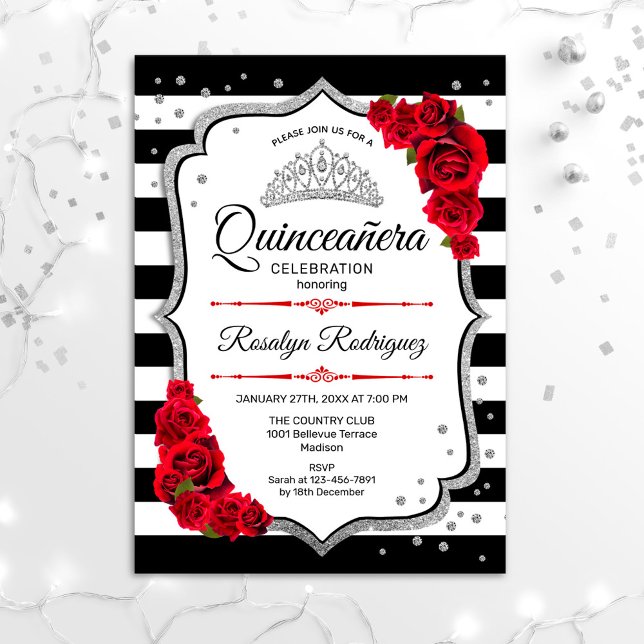 Quinceanera - Weißes Schwarzes Silber Einladung (Von Creator hochgeladen)