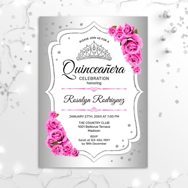 Quinceanera - Weißes Silberrosa Einladung (Von Creator hochgeladen)