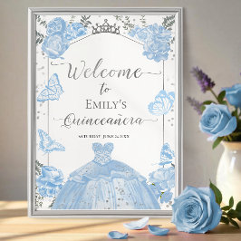 Quinceanera Welcome Sign Dusty Blue Dress Floral Poster