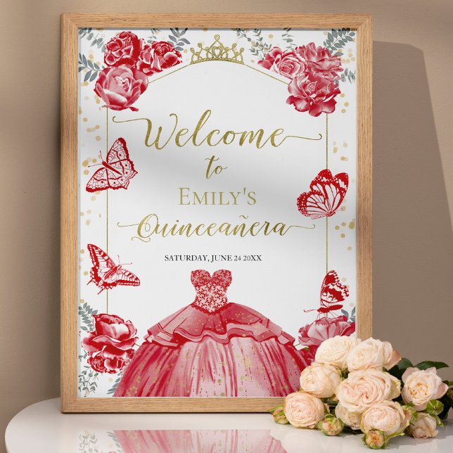 Quinceanera Welcome Sign Red Dress Floral Gold Poster (Von Creator hochgeladen)