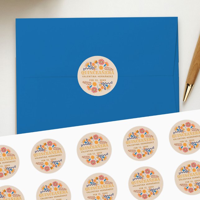 Quinceanera Western Mexican Fiesta Party Runder Aufkleber (Quinceanera stickers with earthy folk art flowers from my Mexican Floral collection)