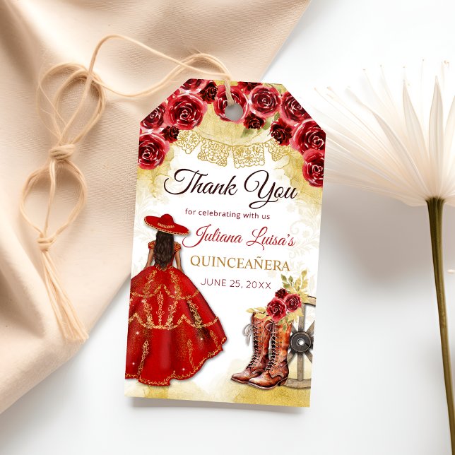 Quinceañera Western Red Gold Charra Blumenstiefel Geschenkanhänger (Von Creator hochgeladen)