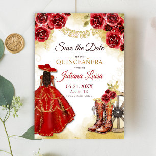 Quinceañera Western Red Gold Charra Blumenstiefel Save The Date