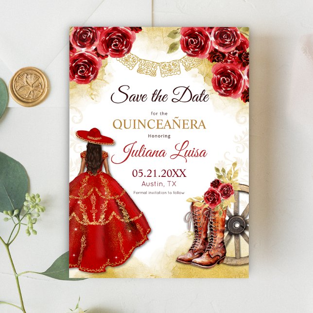 Quinceañera Western Red Gold Charra Blumenstiefel Save The Date (Von Creator hochgeladen)