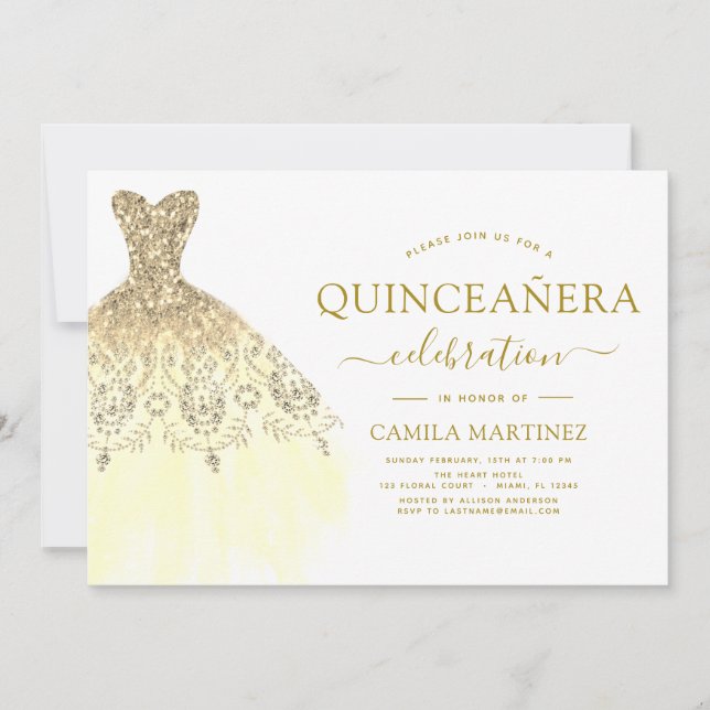 Quinceanera White and Gold Glitzer Sparkone Einladung (Vorderseite)
