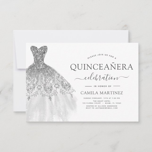 Quinceanera White and Silver Glitzer Sparkone Einladung (Vorderseite)