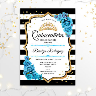 Quinceanera - White Black Gold Blue Einladung