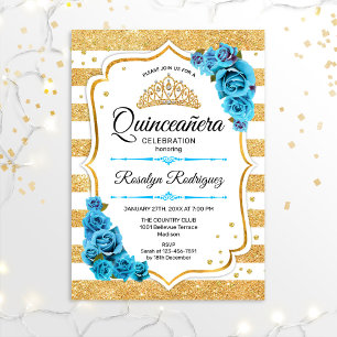 Quinceanera - White Gold Streifen Blau Einladung