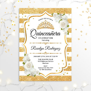 Quinceanera - White Gold Streifen Einladung