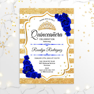Quinceanera - White Gold Streifen Royal Blue Einladung