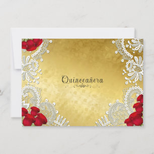 Quinceanera White Lace Rote Rosen auf Gold Einladung