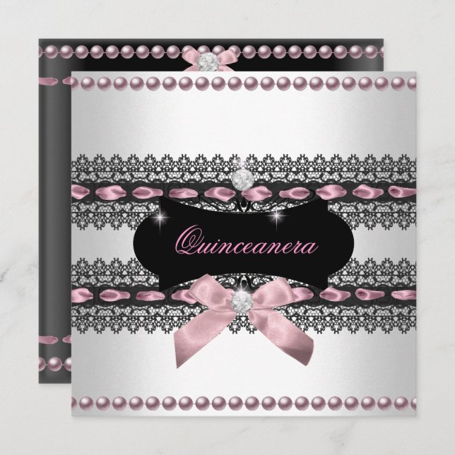 Quinceanera White Pink Black Lace Pearl Einladung (Vorne/Hinten)