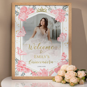 Quinceanera Willkommensschild Rosa Kleid Floral Go Poster