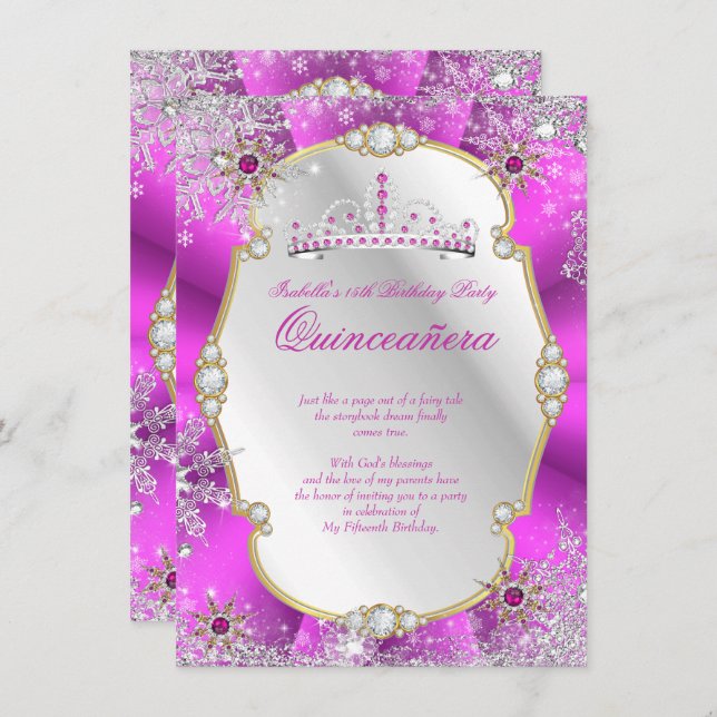 Quinceanera Winter Wonderland Hot Pink Gold Silber Einladung (Vorne/Hinten)