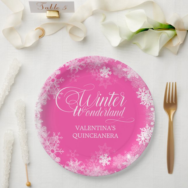 Quinceanera Winter Wonderland Schneeflocke Rosa Pappteller (Hochzeit)