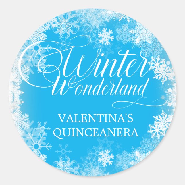 Quinceanera Winter Wonderland Snowflake Gefallen Runder Aufkleber (Vorderseite)