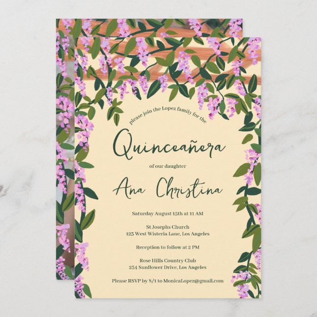 Quinceañera Wisteria Vines Floral Custom Foto Einladung (Vorne/Hinten)