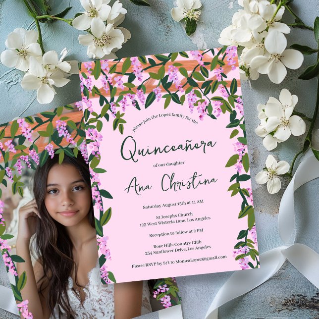 Quinceañera Wisteria Vines Floral Custom Foto Einladung (Quinceañera Wisteria Vines Floral Custom Photo 15th Birthday Party  Invitation
)