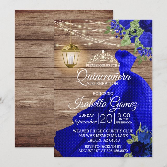 Quinceañera Wood and Dark Blue Blume Einladung (Vorne/Hinten)