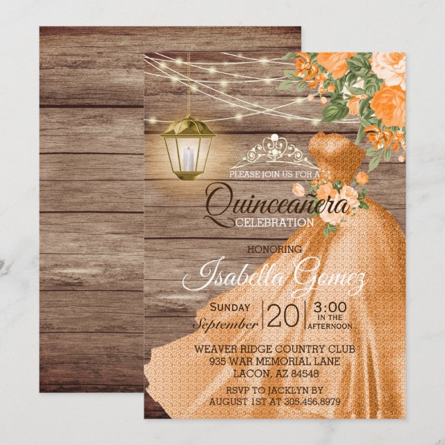 Quinceañera Wood und Orange Blume Einladung (Vorne/Hinten)