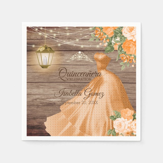 Quinceañera Wood und Orange Blume Serviette (Vorderseite)