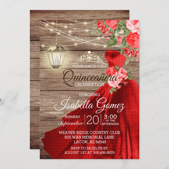 Quinceañera Wood und Rote Blume Einladung (Vorne/Hinten)