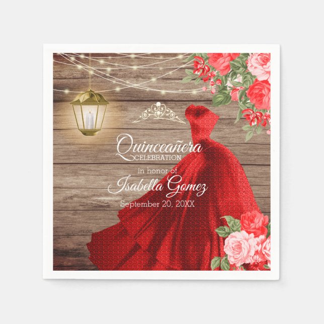 Quinceañera Wood und Rote Blume Serviette (Vorderseite)