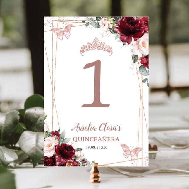 Quinceañera XV 16 Burgundy Blush Rose Gold Tischnummer (Von Creator hochgeladen)