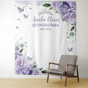 Quinceañera XV 16 Lila Rose Blumenschmetterlinge Wandteppich