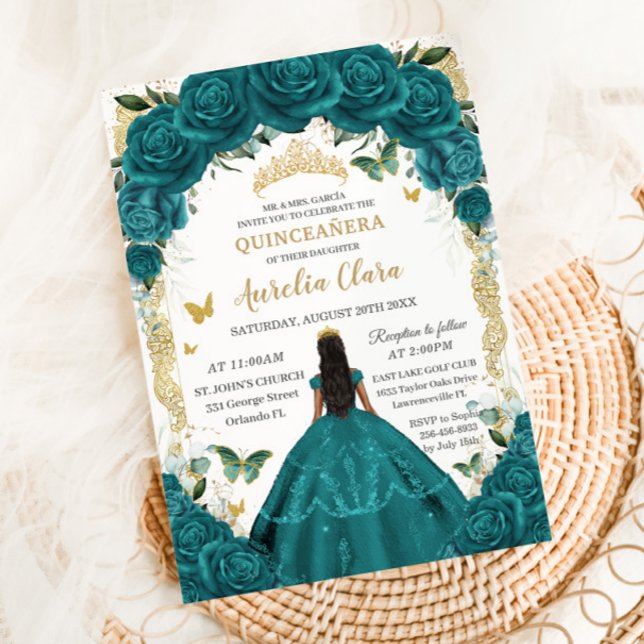 Quinceañera XV Aquamarines Green Floral Princess D Einladung (Von Creator hochgeladen)
