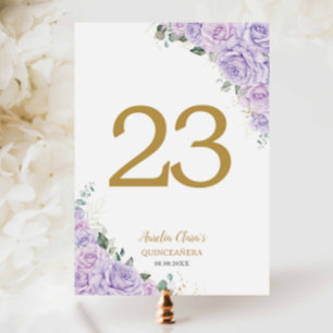 Quinceanera XV Lila Fliederrosen Blumen Gold Tischnummer
