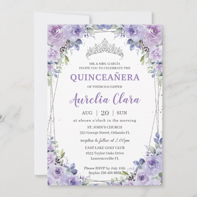 Quinceañera XV Lila Lilac Floral Silver Crown Einladung (Vorderseite)